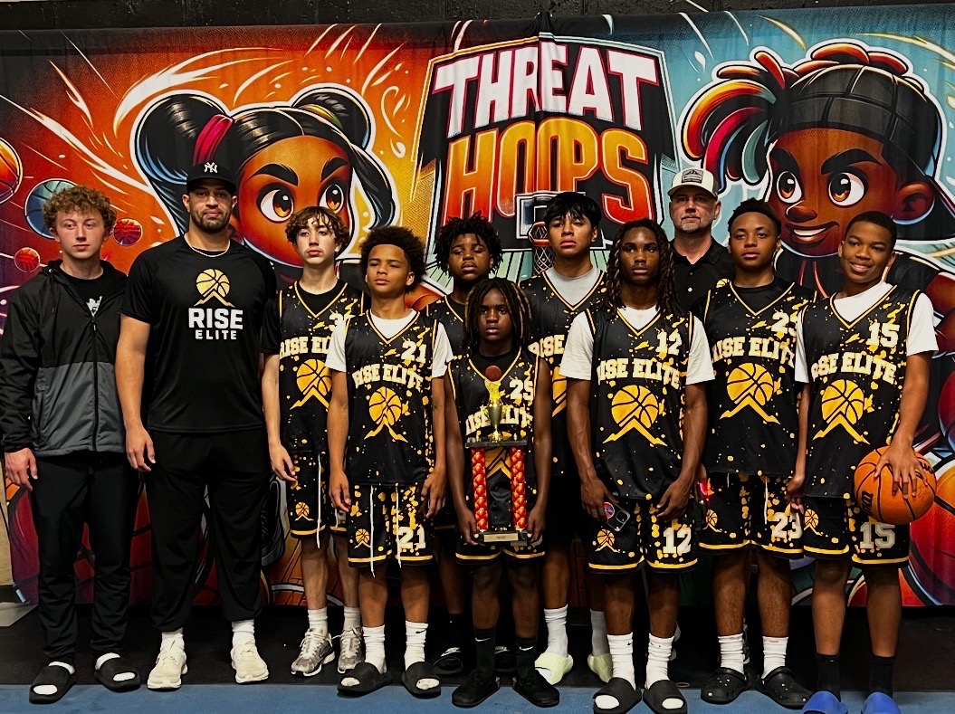 Rise Elite Basketball Academy team and coaches posing with their trophy at a Threat Hoops tournament
